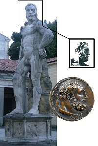 Hercules medal compared to the Hercules statue in the backyard of the palazzo of Marco Mantova Benavides (1489-1582), not far from the Church of the Eremitani where he also had his monumental wall tomb erected.
