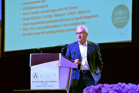 Pascal Rencker, Monnaie de Paris, addressed challenging the limits of tri-metal coins. Photograph: Mint of Thailand.