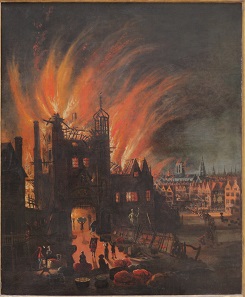 Ludgate in flames, with St Paul's Cathedral in the distance (square tower without the spire) now catching flames. Oil painting by anonymous artist, ca. 1670.