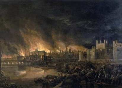 Detail of the Great Fire of London by an unknown painter, depicting the fire as it would have appeared on the evening of Tuesday, 4 September 1666 from a boat in the vicinity of Tower Wharf. The Tower of London is on the right and London Bridge on the left, with St Paul's Cathedral in the distance, surrounded by the tallest flames.