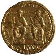 36-solidus of Valens (r. 364-378), found in 1763 in the Danube in Hungary, minted between 364-367 in Rome. Rev: The emperors Valentinian I and Valens enthroned frontally (178.9g). Inv.-No. RÖ 32473, dia. 178.9mm. © KHM-Museumsverband.