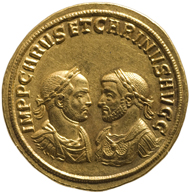 Quintuple Aureus of Carus and Carinus. From the find of Petrijanec (Croatia), minted 283 in (Croatia). Inv-No. RÖ 32467, dia. 98mm. © KHM-Museumsverband.
