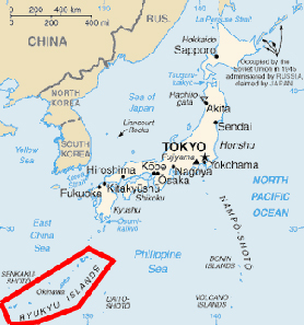 Map of Japan, Ryuku Islands marked red.