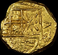 Close ups of the obverse and reverse of a 1694-1713 Charles II type gold 2 escudos struck in Colombia, one of the 1715 Plate Fleet Spanish colonial coins recovered on July 31, 2015, the 300th anniversary of the hurricane that sank all but one ship. Photo: © NGC.