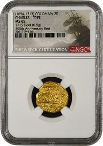 NGC has created special insert labels for the 1715 Plate Fleet coins recovered on the 300th anniversary, such as this Charles II type (1694-1713) gold 2 escudos struck in Colombia, graded NGC MS 65. Photo: © NGC.