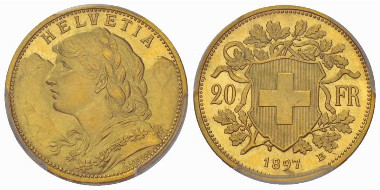 Officials deemed the stray curl on the young lady's forehead from the first test-mint of the new 20-francs coins too frivolous. From the auction Sincona 14 (2013), 3560 - One of these