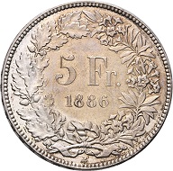 The rarest coin of the Swiss Confederation: 5 Francs 1886. Due to its date, this 5 Francs of 1886 is, today, the most precious Swiss coin in existence, that has been struck since the foundation of the Swiss Confederation. Photo: © Rapp.