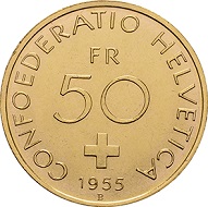 The enigmatic gold coins of 1955 which were partly melted down. Only some remnants are still to be kept in the vaults of the Swiss National Bank. The only pair of these two gold coins in private possession is to be seen in the exhibition. Photo: © Chaponnière et Firmenich SA.