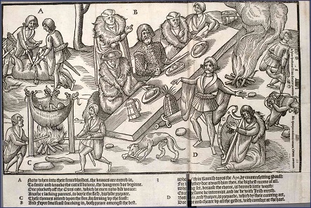 John Derrick, The Image of Ireland, published in 1581. The chief of the Mac Sweynes seated at dinner.