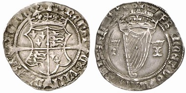 Henry VIII, 1509-1547. Groat no date (1534-1540), London. The crowned monograms of Henry VIII and Jane Seymour on the right and the left of the Irish coat of arms. From Künker sale152 (2009), No. 5279.