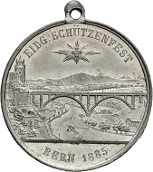 Tin medal of the Confederate Shooting Festival in Bern in 1885.
