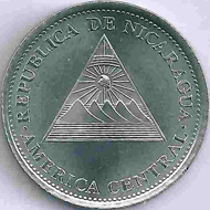 Like this 1-córdoba piece, all coins of Nicaragua feature the country’s coat of arms, the mountain chain with the five volcanoes.