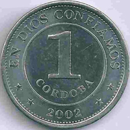Like this 1-córdoba piece, all coins of Nicaragua feature the country’s coat of arms, the mountain chain with the five volcanoes.