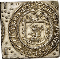 Lot 3415: Transylvania. Stephen Bocskai, 1604-1606. 1 1/2 taler klippe 1605, Nagybanya. Very rare. Old gilding, otherwise extremely fine. Estimate: 4,000,- euros. Hammer price: 65,000,- euros.
