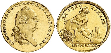 Lot 2151: Bavaria. Karl Theodor, 1777-1799. Isargold ducat 1780, Munich. Very rare. Almost FDC. Estimate: 12,500,- euros. Hammer price: 22,000,- euros.