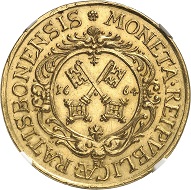 Lot 2594: Regensburg, city. 4 ducats 1664. Very rare. Graded NGC MS63. Extremely fine to FDC. Estimate: 20,000,- euros. Hammer price: 32,000,- euros.