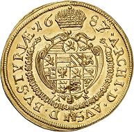 Lot 3011: Holy Roman Empire. Leopold I, 1657-1705. Double ducat 1687, Graz. Very rare. FDC. Estimate: 15,000,- euros. Hammer price: 17,000,- euros.