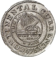 Lot 3483: USA. Continental Currency. Pewter Continental Dollar 1776. Extremely rare. Graded NGC MS60. Extremely fine. Estimate: 40,000,- euros. Hammer price: 48,000,- euros.