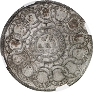 Lot 3483: USA. Continental Currency. Pewter Continental Dollar 1776. Extremely rare. Graded NGC MS60. Extremely fine. Estimate: 40,000,- euros. Hammer price: 48,000,- euros.