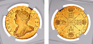 Lot 1504: Anne Stuart, 1702-1714. 5 Guineas, Tower of London mint (Pre-Union issue), dually dated RY quarto and 1705. From the Jonathan P. Rosen Collection. Sold for $216,000.