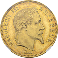 Lot 442: France, Napoleon III. 100 francs 1869 A (Paris). NGC MS65. Estimate: 7,500 CHF / Price realized: 16,000 CHF (excl. premium).