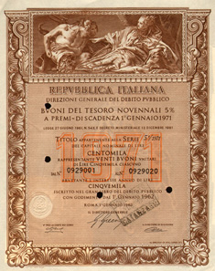 Certificate for 20 Treasury bonds of 5,000 Lire, 1962. Vignette: Nettuno offre doni a Venezia, by Giambattista Tiepolo (1696-1770).
