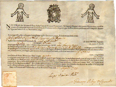 Nuovo Monte non vacabile, a loan for 4 luoghi of 100 Scudi, 1700, illustrated with two vignettes of Jesus and the coat of arms of the Medici in the middle.