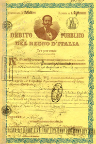 With the unification of Italy, the government set up the Gran Libro - 'Great Ledger of the public debt of the Kingdom of Italy' - in which all debts of pre-unitary states were collected. This 3% bond from 1871 depicts Victor Emmanuel II (1820-1878), King of Sardinia from 1849 until 17 March 1861 when he became King of Italy. The portrait was designed by artist Lodovico Bigola, designer and engraver of Italian state bonds and stamps.