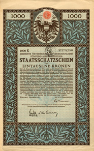 The red revenue stamp with ‘ITALIAN TESORO’ annulation stamp, cancelled this 5.5% 7th Austrian war loan from 1917, indicating that it was exchanged for an Italian state bond.
