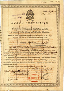 Yearly income bond from the Papal States, issued in 1832. Usually, the emblem of the Pope shows a tiara, but, as in this case when the certificate was printed, the version with an umbrella is put in place after the death or a resignation of a pope.