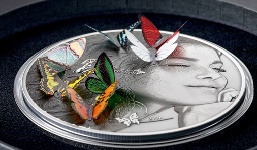 This perspective shows how the butterflies hover over the coin.