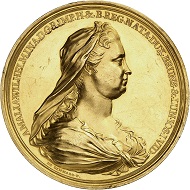 Gold medal at 50 ducats undated (1713), by A. di Gennaro. AMALIA WILHELMINA D G R IMP H & B REG NATA DUX BRUNS & LUN IOS I VID Bust of Wilhelmine Amalia on the right with widow’s veil, below signature DE GENNARO F // RECTE ET CONSTANTER Crowned column in front of landscape. Extremely rare. Extremely fine. From Künker Auction 308 (June 19th, 2018), no. 2379.
