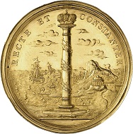 Gold medal at 50 ducats undated (1713), by A. di Gennaro. AMALIA WILHELMINA D G R IMP H & B REG NATA DUX BRUNS & LUN IOS I VID Bust of Wilhelmine Amalia on the right with widow’s veil, below signature DE GENNARO F // RECTE ET CONSTANTER Crowned column in front of landscape. Extremely rare. Extremely fine. From Künker Auction 308 (June 19th, 2018), no. 2379.
