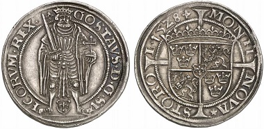 Gustav Wasa celebrating his coronation on January 12, 1528 at Uppsala Cathedral. Gyllen 1528. Stockholm. From Künker auction 196 (2011), no. 5001.