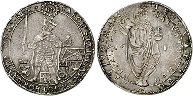 Charles IX. Riksdaler 1610, Stockholm. The reverse depicting Christ as the Savior is typical of the Protestant reservoir of images. From Künker auction 293 (2017), no. 2159.