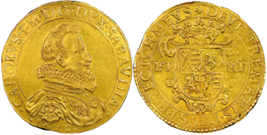 No. 1505 – Charles Emmanuel I, 1580-1630. 10 scudi d’oro, type II, Turin, 1610. Only three specimens known! NGC MS60. Estimate: 200,000 euros.