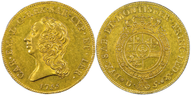 No. 1590 – Charles Emmanuel III, second period 1755-1773. Carlino da 5 doppie, Turin, 1755. Very rare. NGC AU58. Estimate: 40,000 euros.