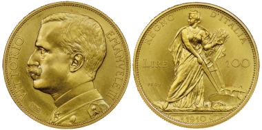 No. 1759 – Victor Emmanuel III, 1900-1943. Essay for 100 lire, Rome, 1910. Extremely rare. NGC PROOF 66. Estimate: 150,000 euros.