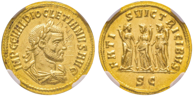 No. 176 – Diocletian, 284-305. Aureus, Cyzicus, 284-305. Very rare. NGC MS 5/5 - 2/5 graffito. Estimate: 10,000 euros.