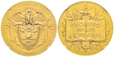 No. 656 – Columbia. Gold medal 1904 minted by the Republic of Columbia for Lucien Napoléon Bonaparte Wyse, son of the niece of Napoléon I (1844-1909). Extremely rare. NGC MS62. Estimate: 10,000 euros.