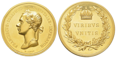 No. 572 – Austria. Franz Joseph, 1848-1916. Medal worth 100 ducats by Konrad Lange. FDC. Estimate: 20,000 euros.