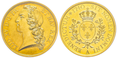 No. 766 – France. Louis XV, 1715-1774. Essay for the gold écu au bandeau. Paris, 1740. Extremely rare. 4 specimens graded. PCGS SP62. Estimate: 80,000 euros.