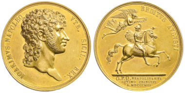 No. 1200 – Naples. Gold medal, Naples 1813. Minted in celebration of the return of Joachim Murat from the Russian Campaign. Designed by Antonio Canova(?). Julius Collection (this specimen). Unique. Small edge nick, otherwise FDC. Estimate: 50,000 euros.