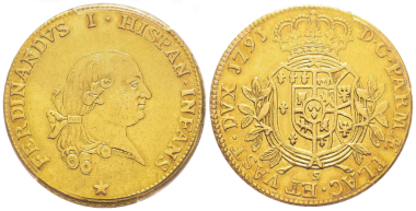 No. 1210 – Parma. Ferdinando di Borbone, 1765-1802. 8 doppie, 1791. Extremely rare. PCGS AU50. Estimate: 20,000 euros.