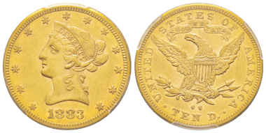 No. 1970 – USA. 10 dollars, New Orleans, 1883. Only 800 specimens struck. Extremely rare (only 40 to 50 known exemplars). PCGS AU53. Estimate: 15,000 euros.