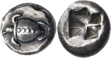 Lot 135: Islands off Attica, Aegina. Stater, circa 550-530/25 BC. Very rare. A remarkably elegant, toned coin, very well-struck and well-centered, of outstanding quality. Estimated: 55,000 CHF.