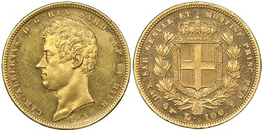 Carlo Alberto, 1831-1849. 100 Lire, Turin, 1833. MIR 1043c. Unique in this condition. NGC Proof63 Cameo. Estimate: 20,000 euros. From Gadoury Auction (November 17, 2018), no. 1735.
