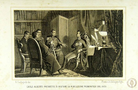 Carlo Alberto promises the insurgents of 1821 his support. Fictional copperplate print made between 1850 and 1875.
