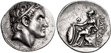 Philetairos of Pergamon. Tetradrachm, Pergamon mint, 269/8-263. On the obverse a portrait of Seleukos I Nikator. From sale CNG 109 (2018), 214.