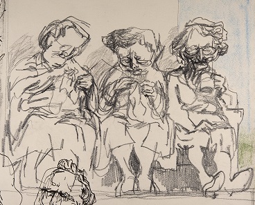 Detail of Lunch break outside canteen building.